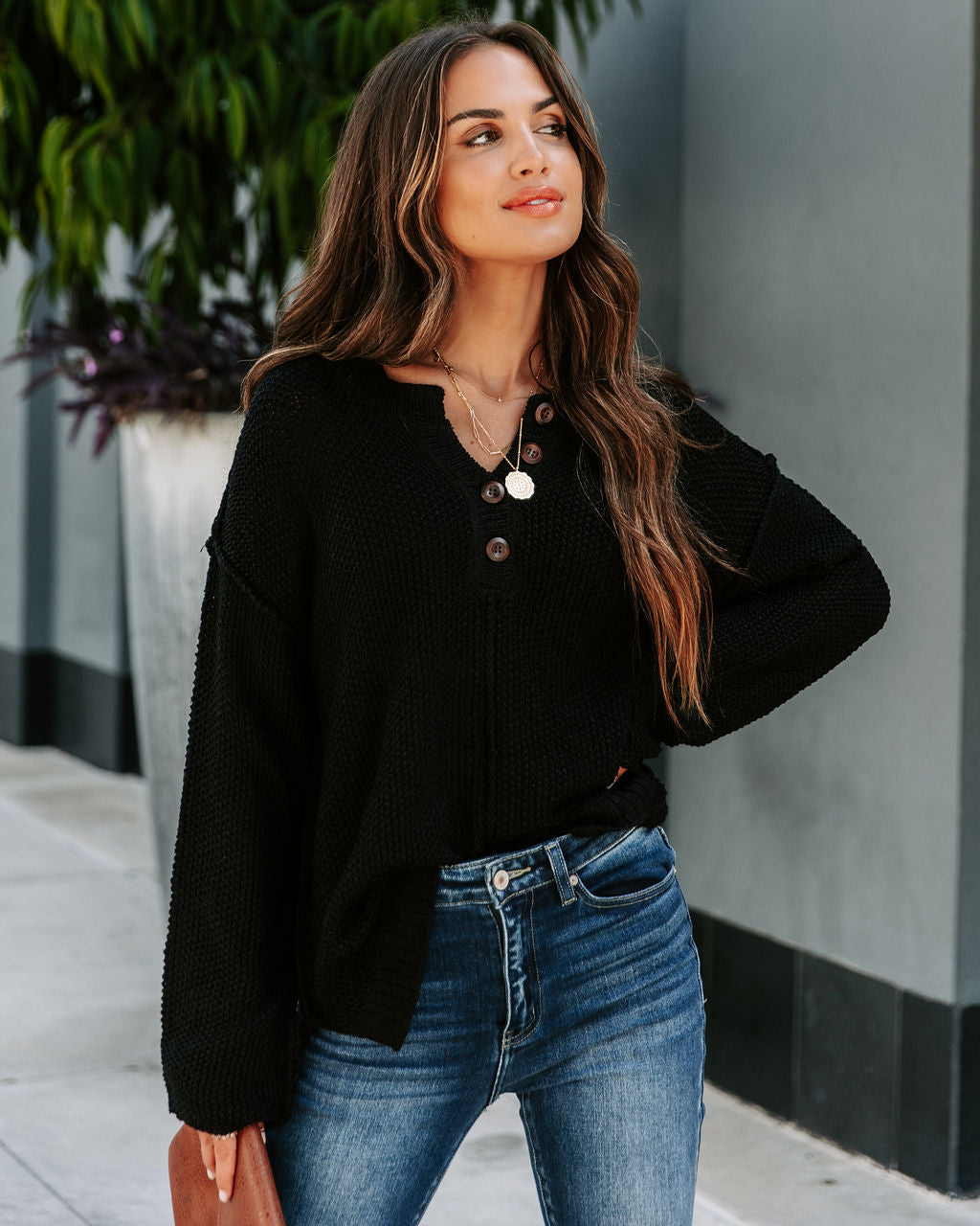Stacey Knit Henley Sweater - Black