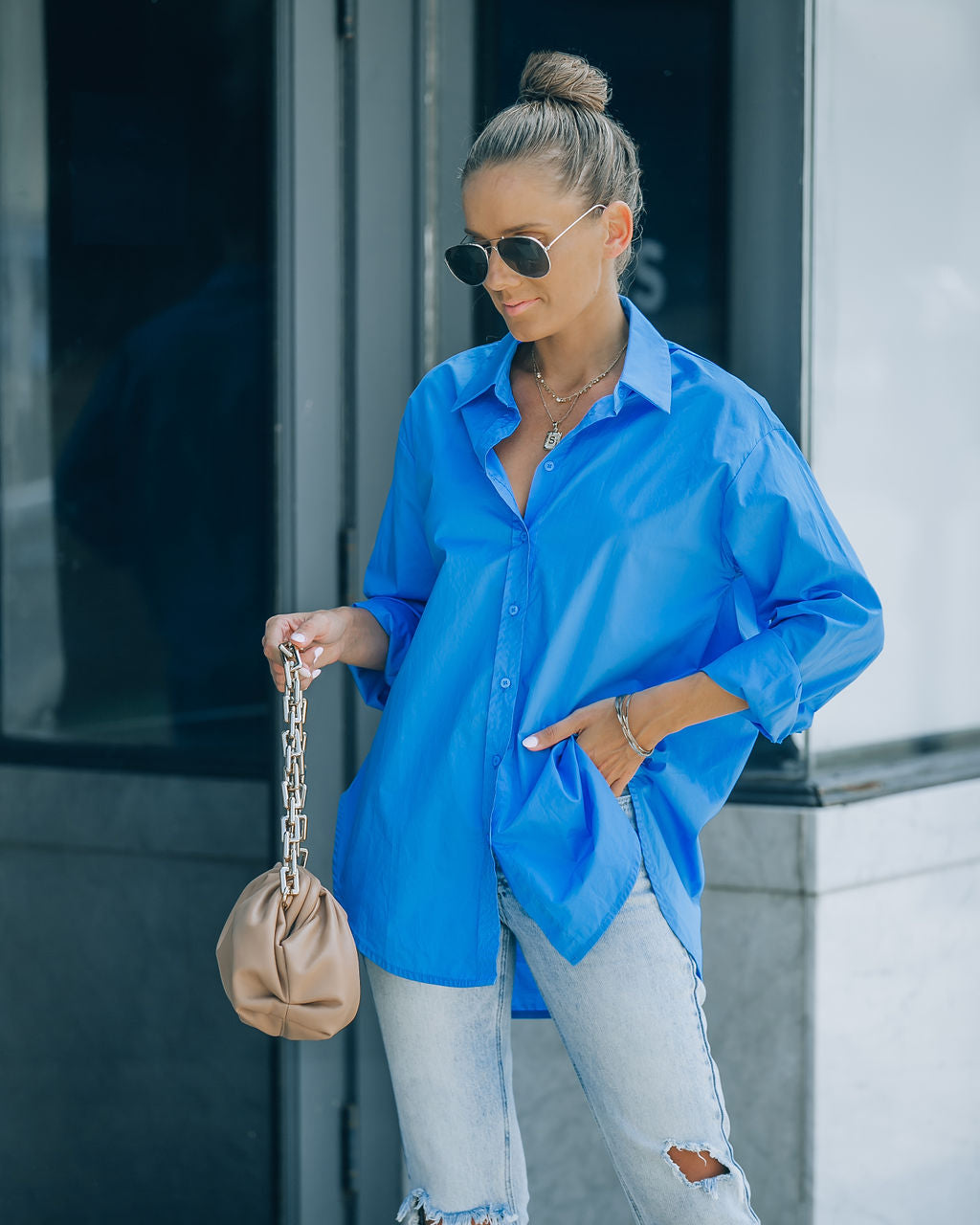 Leslie Button Up Cotton Top - Blue - FINAL SALE
