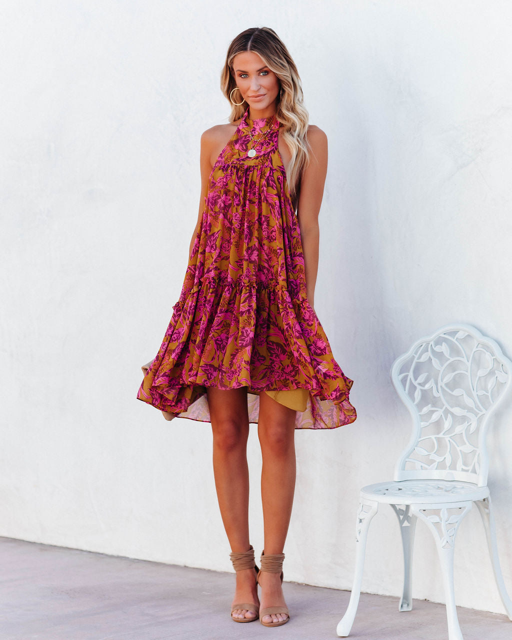 Plum Floral Backless Halter Mini Dress