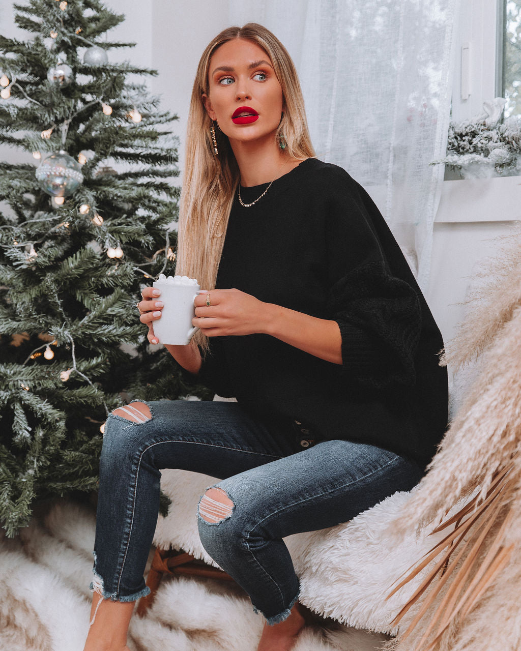 Luke Contrast Cable Knit Sweater - Black