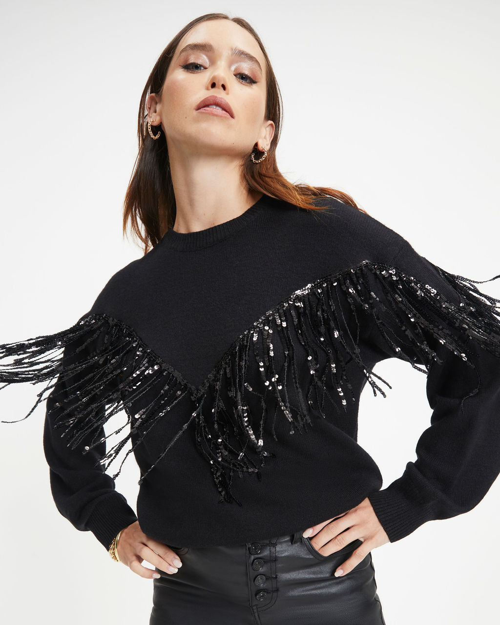 Western Glam Knit Fringe Sequin Pullover Sweater - Black