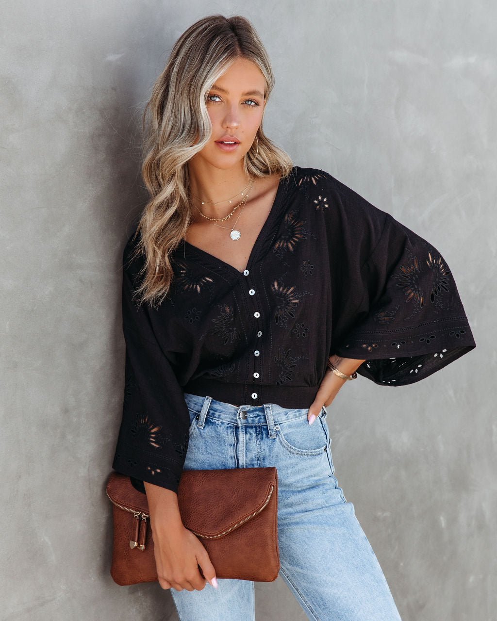 Je T'Aime Eyelet Button Down Top - Black