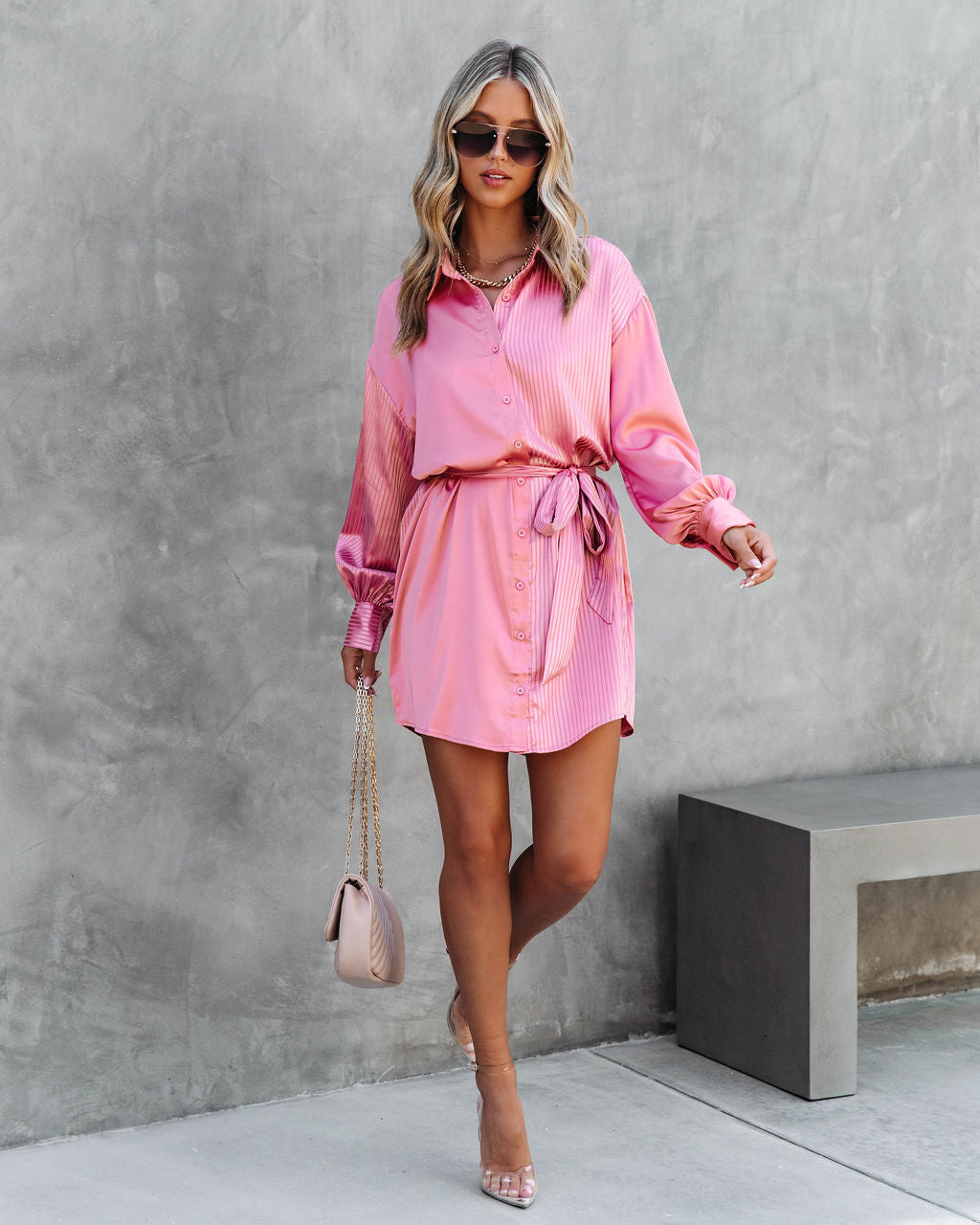Effortless Yet Tasteful Satin Button Down Shirt Dress - Pink