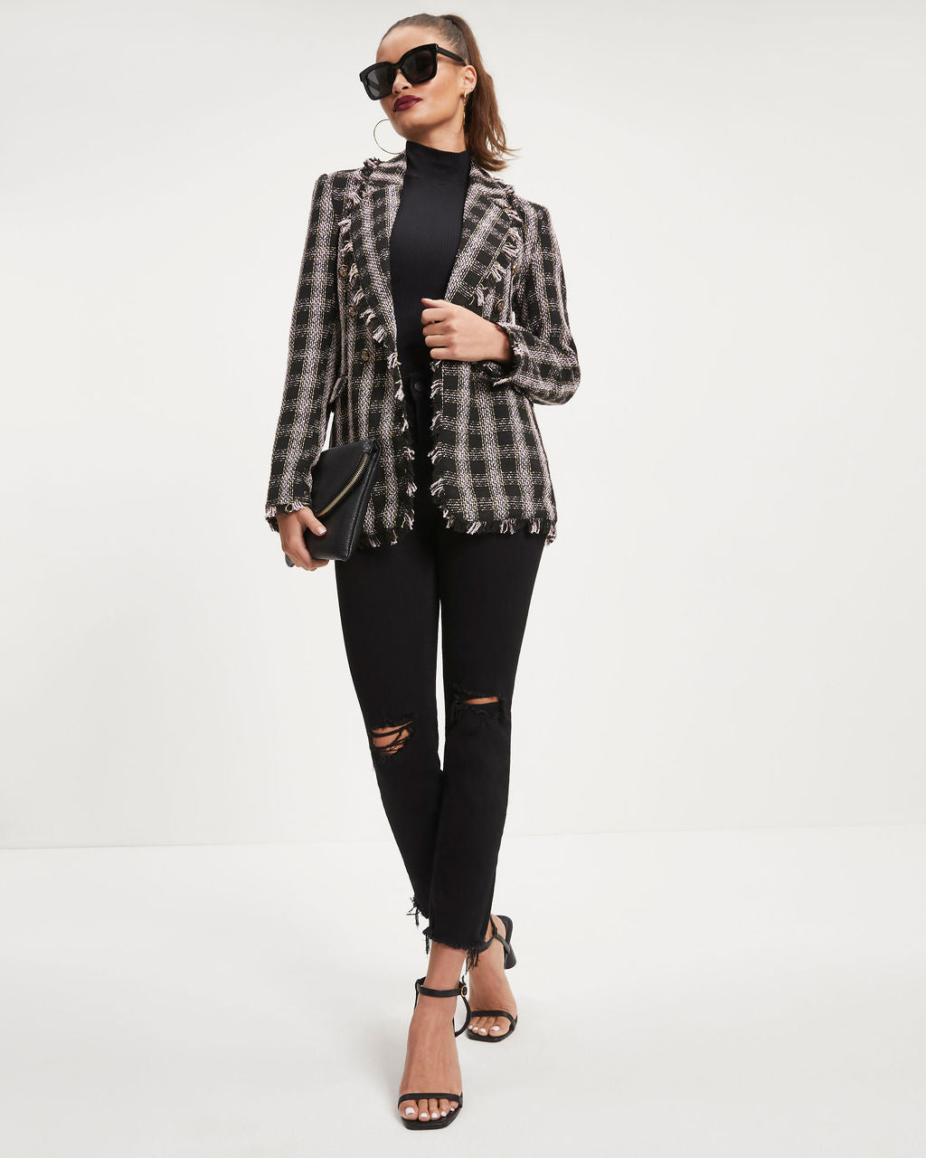 Laney Plaid Tweed Blazer - Black