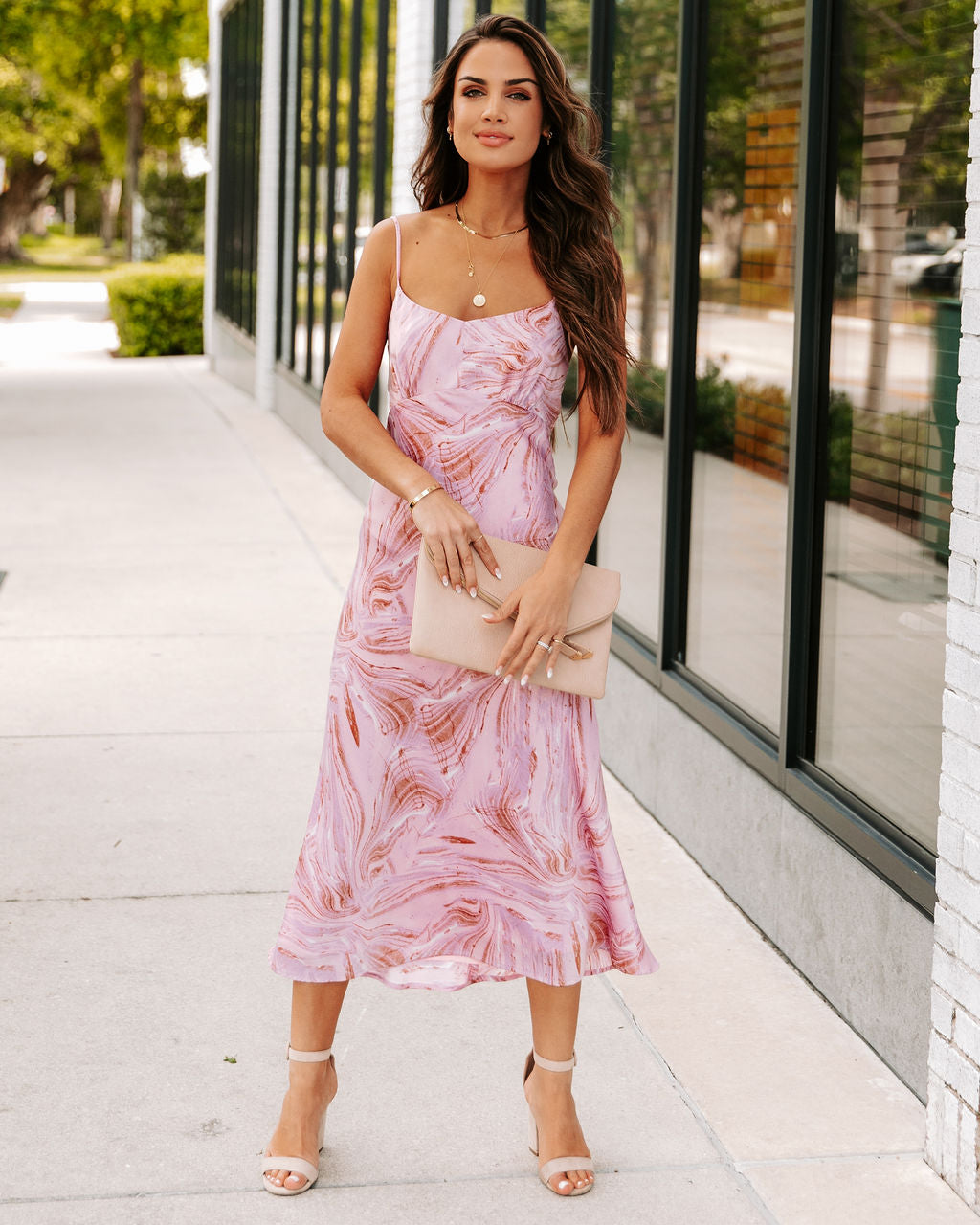 Sarai Satin Marble Print Midi Dress - Pink Lilac - SALE