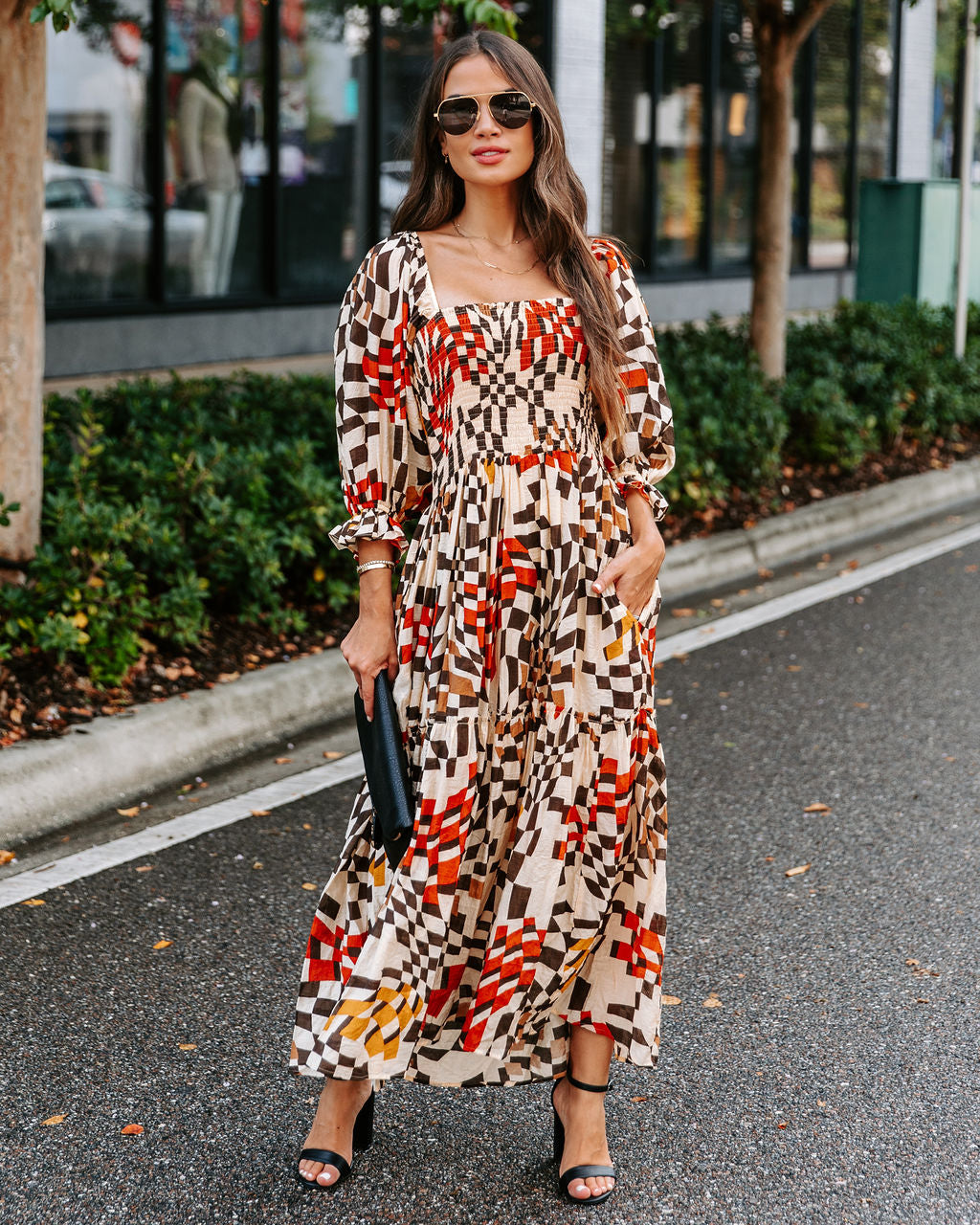 Faye Printed Pocketed Smocked Midi Dress