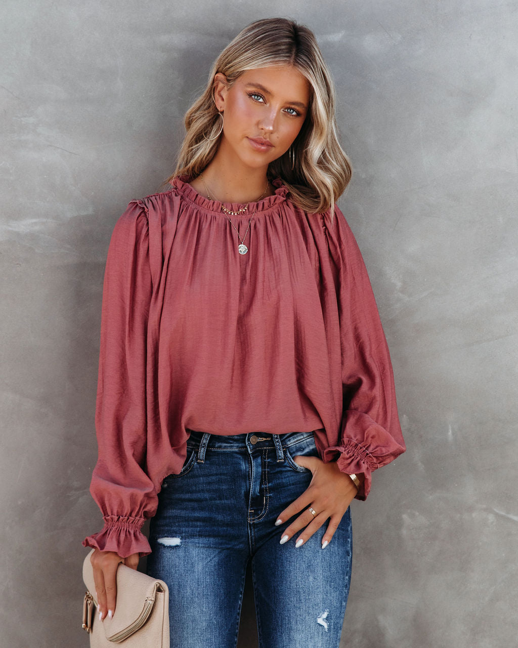 Quinn Crinkle Ruffle Sleeve Top - Dusty Clay - SALE