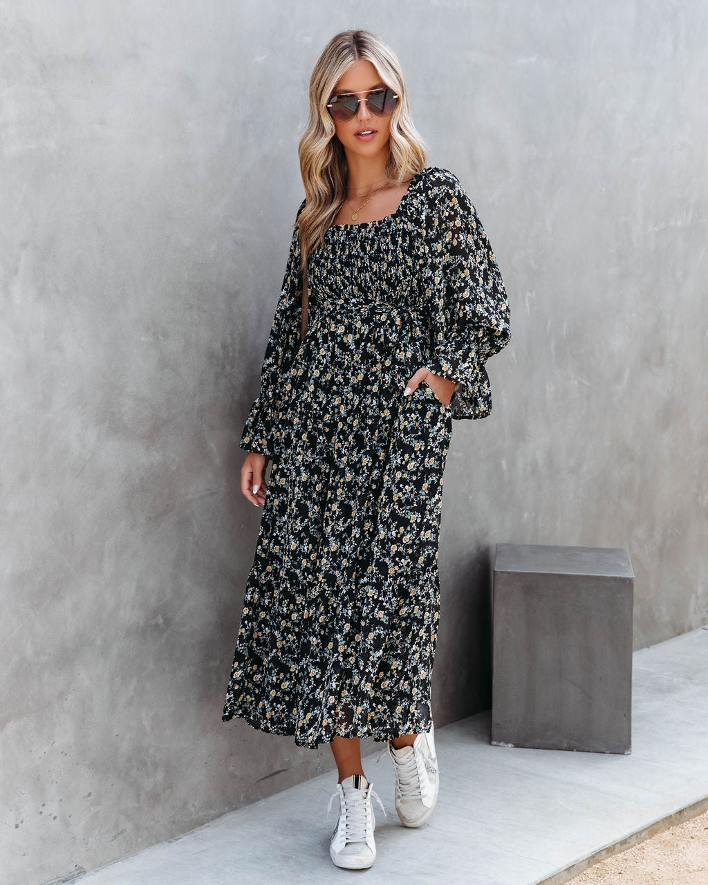 Whimsical Happenings Floral Smocked Midi Dress