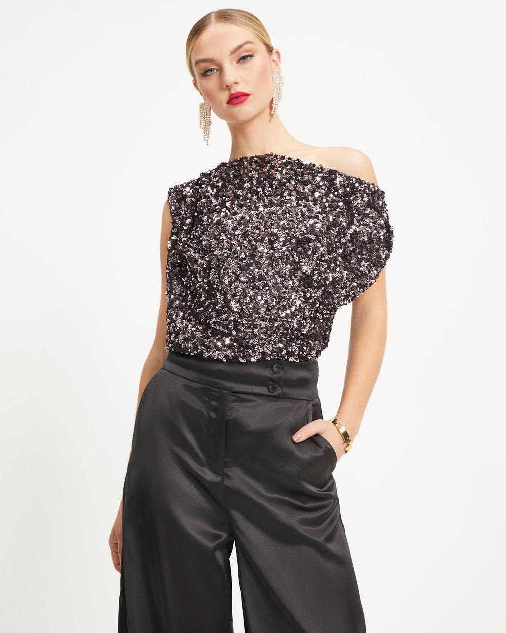 Time To Sparkle Sequin Cowl Neck Top - Purple