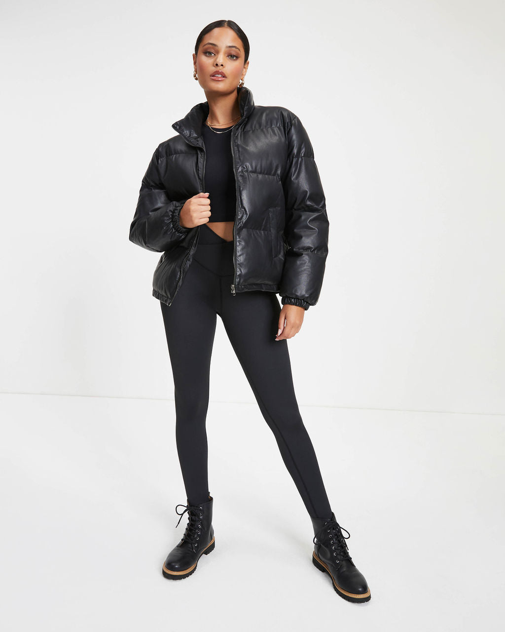 Raza Pocketed Faux Leather Puffer Jacket - Black
