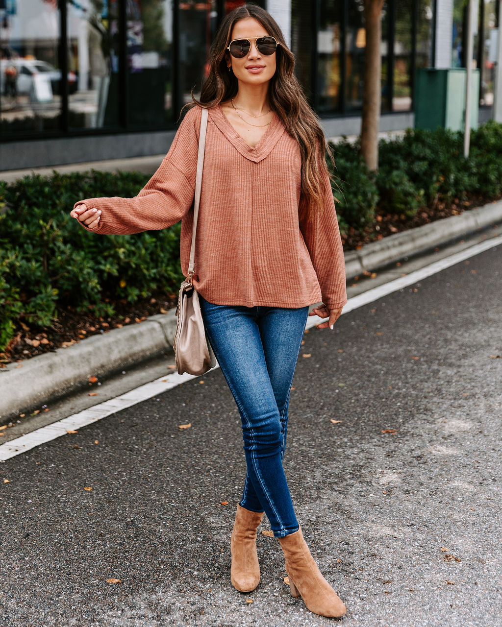 Touch Of Fall Oversized Ribbed Long Sleeve Top - Clay - SALE