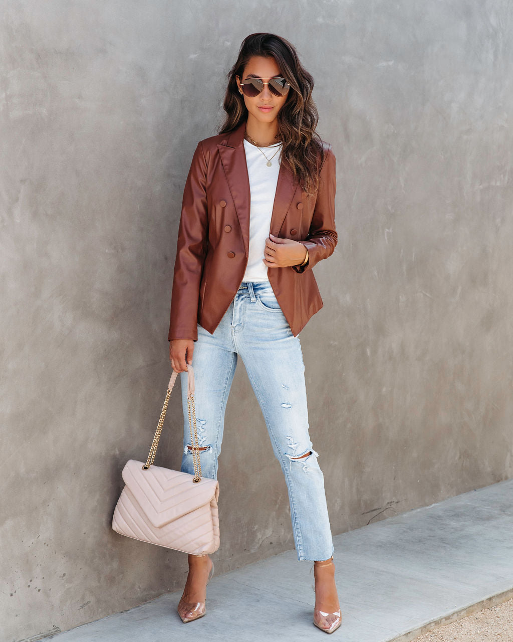 Angelique Faux Leather Blazer - Chestnut