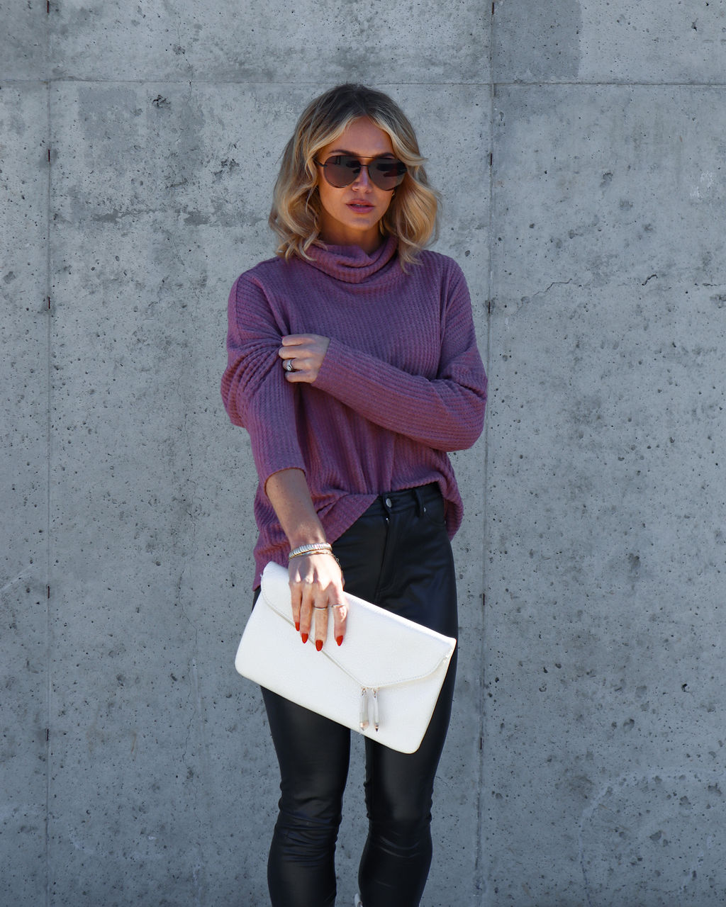 Braelynn Waffle Knit Turtleneck Long Sleeve Top - Rose