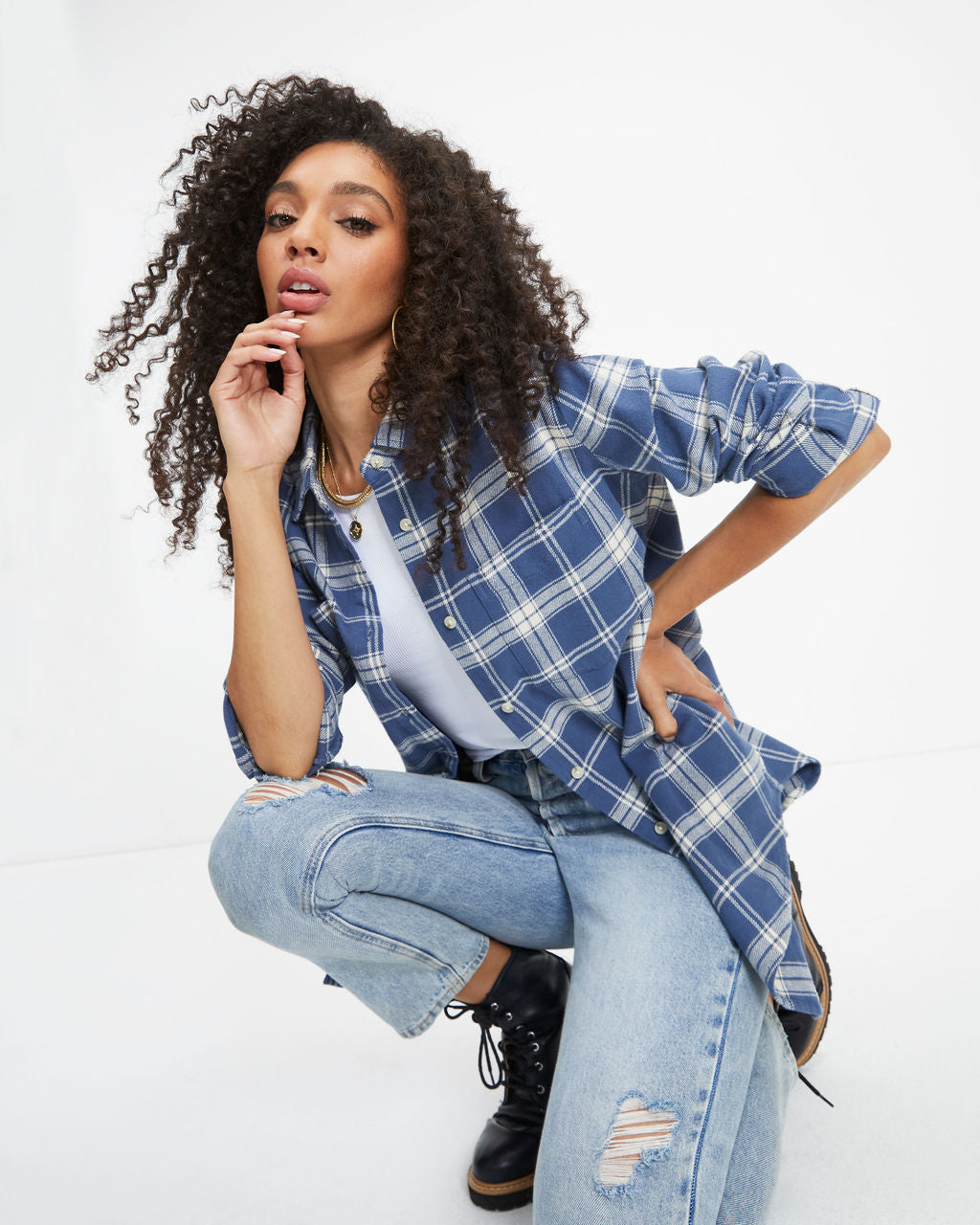 Oxford Plaid Pocketed Button Down Top