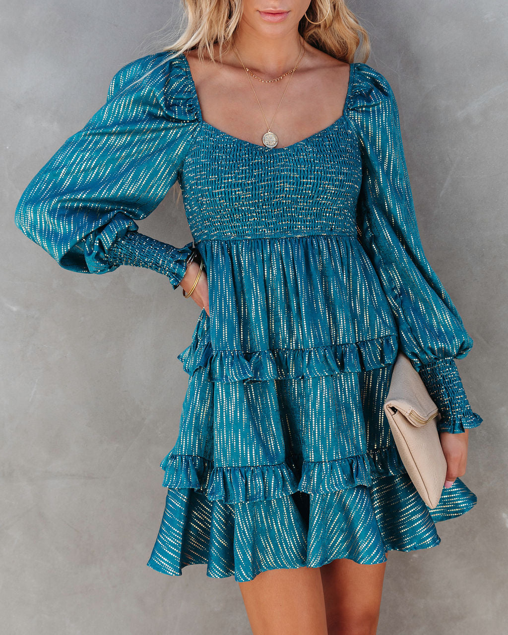 Shine On Metallic Tiered Babydoll Dress - Teal