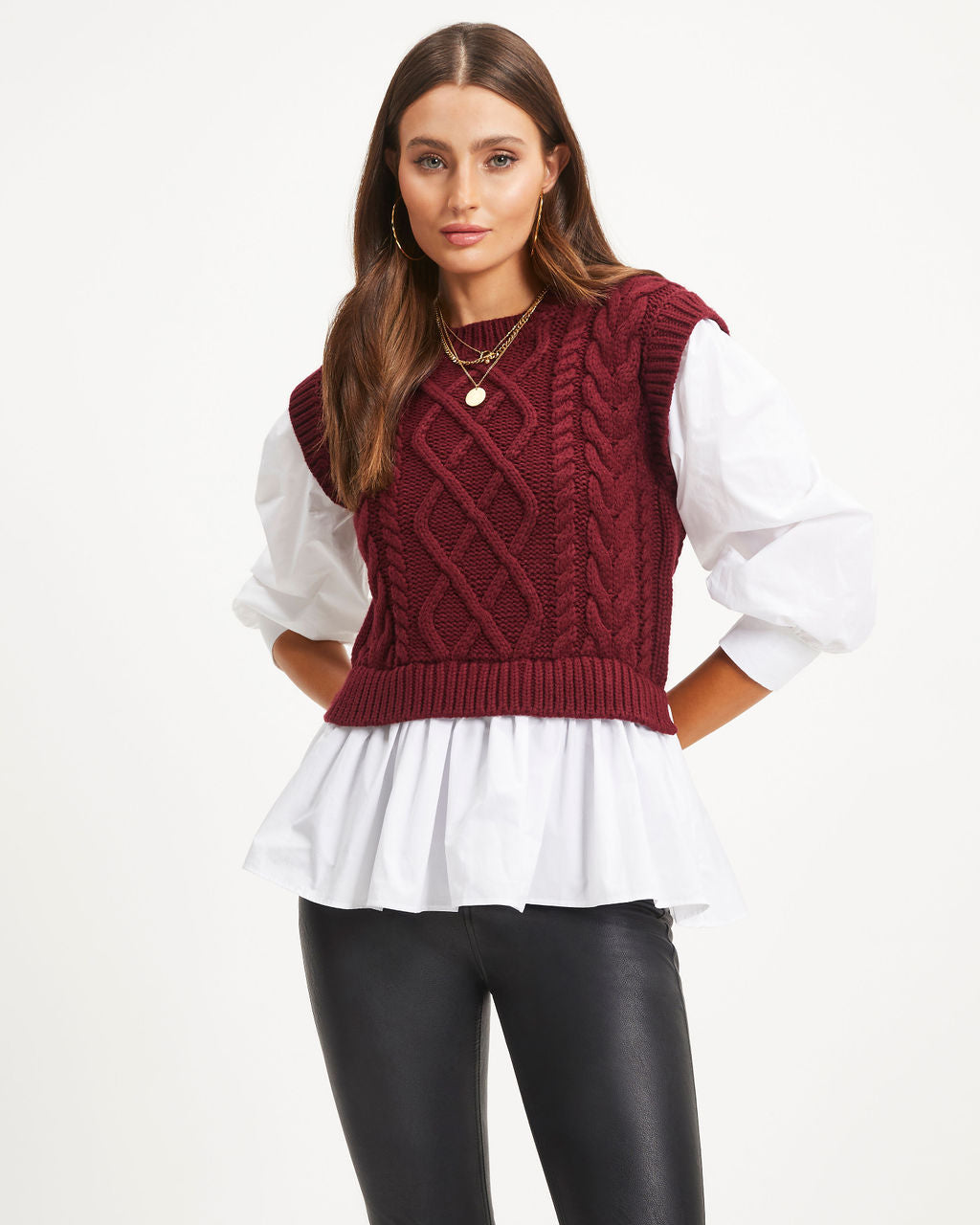 Carmine Contrast Knit Top - Burgundy