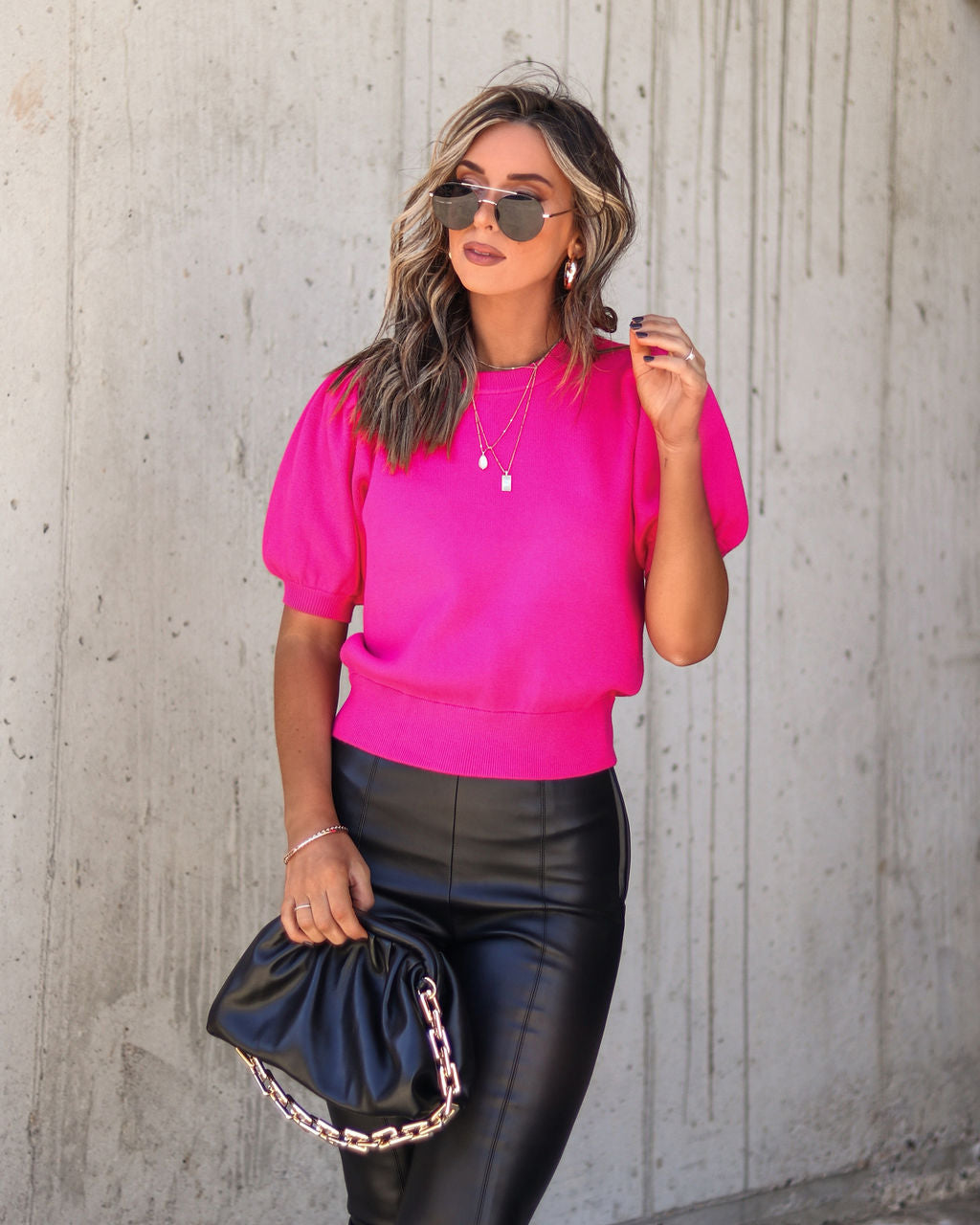 Livia Puff Sleeve Knit Sweater Top - Fuchsia