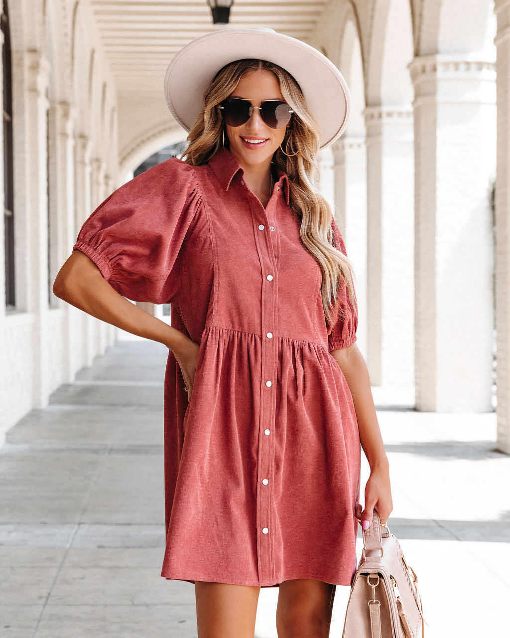 Owen Corduroy Puff Sleeve Babydoll Dress - Clay