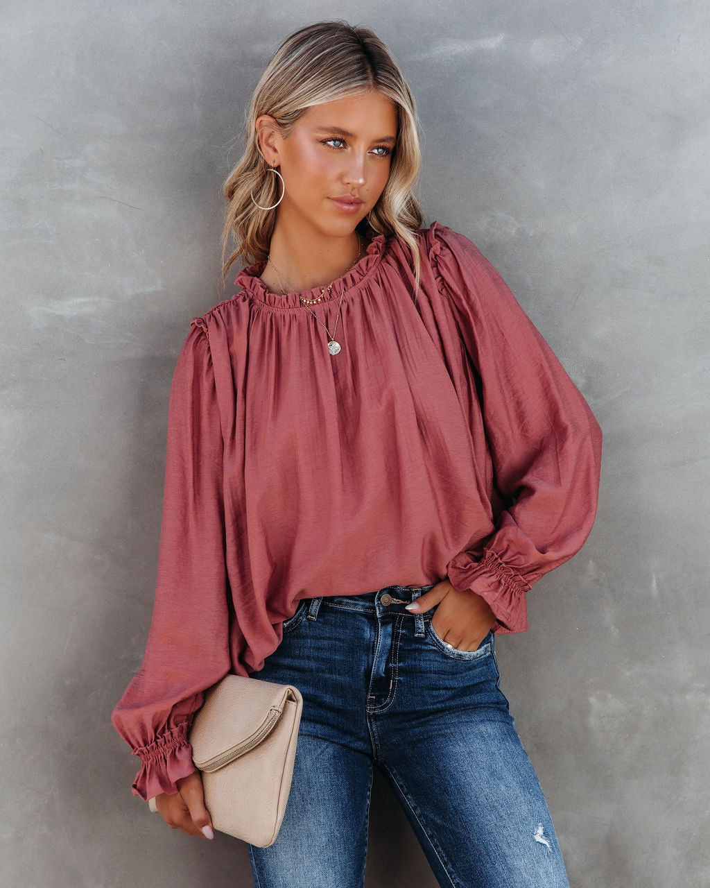 Quinn Crinkle Ruffle Sleeve Top - Dusty Clay - SALE