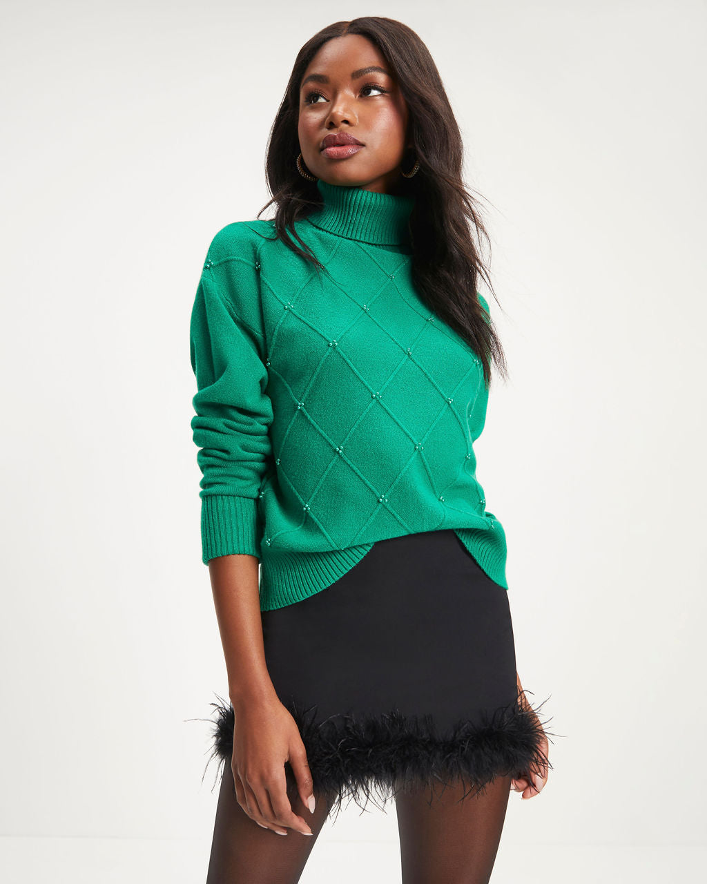 Ruth Knit Turtleneck Pearl Embellished Pullover Sweater - Emerald