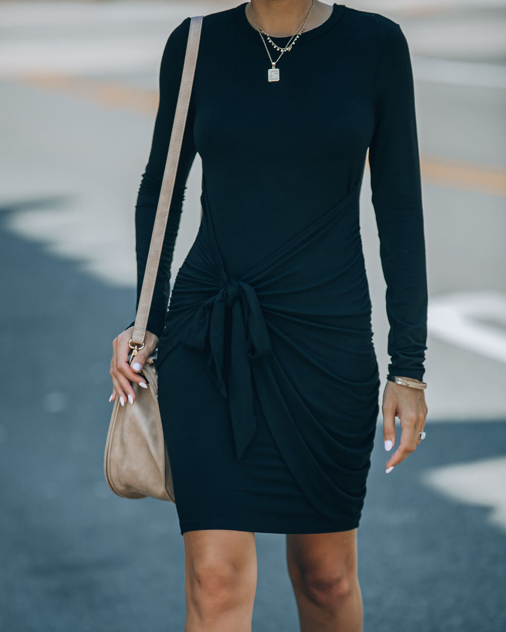 Ayda Drape Front Tie Mini Dress - Black - SALE