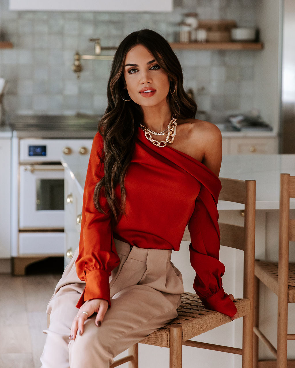 Runway Girl Satin Off Shoulder Top - Rust