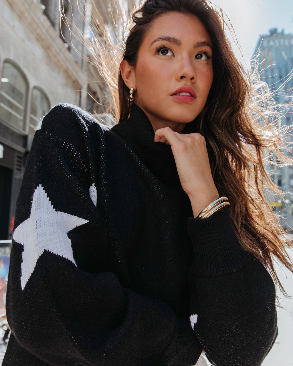 Land Of Stars Turtleneck Knit Sweater Dress - Black