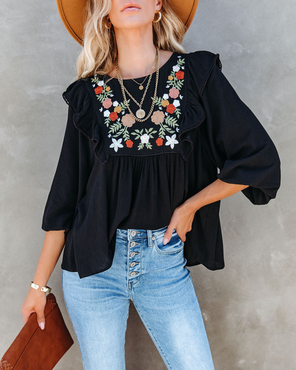 Bohemian Fall Floral Embroidered Babydoll Top - Black - SALE