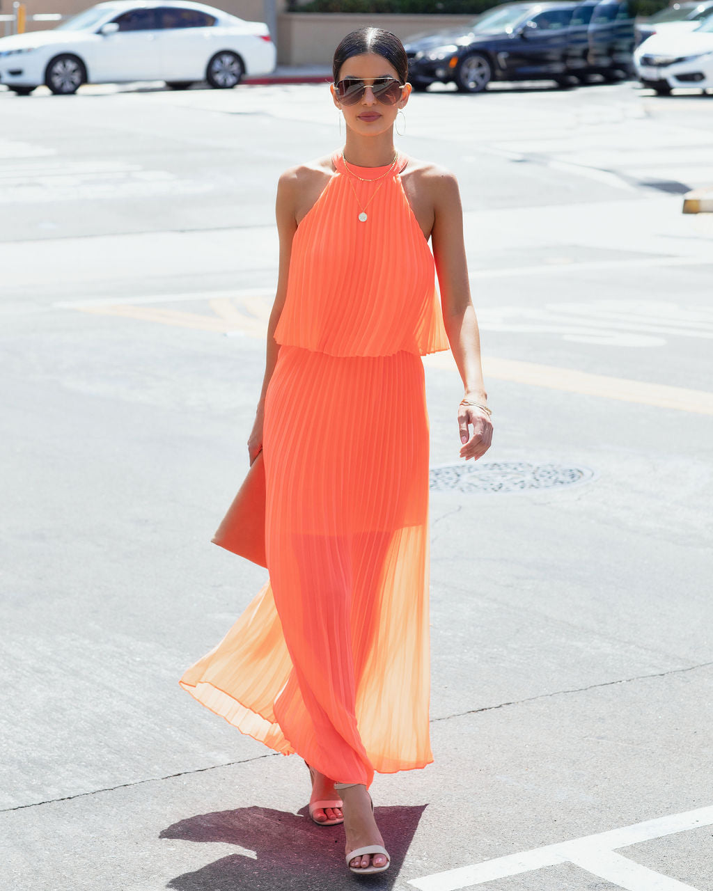 Calixta Halter Pleated Maxi Dress - Neon Orange - FINAL SALE