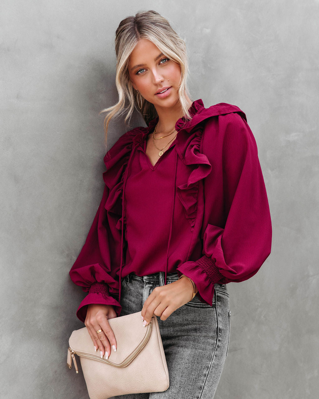 Marion Ruffle Long Sleeve Top - Burgundy