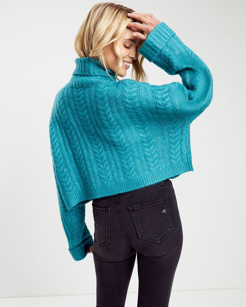 Georgie Cable Knit Turtleneck Pullover Sweater - Teal - SALE