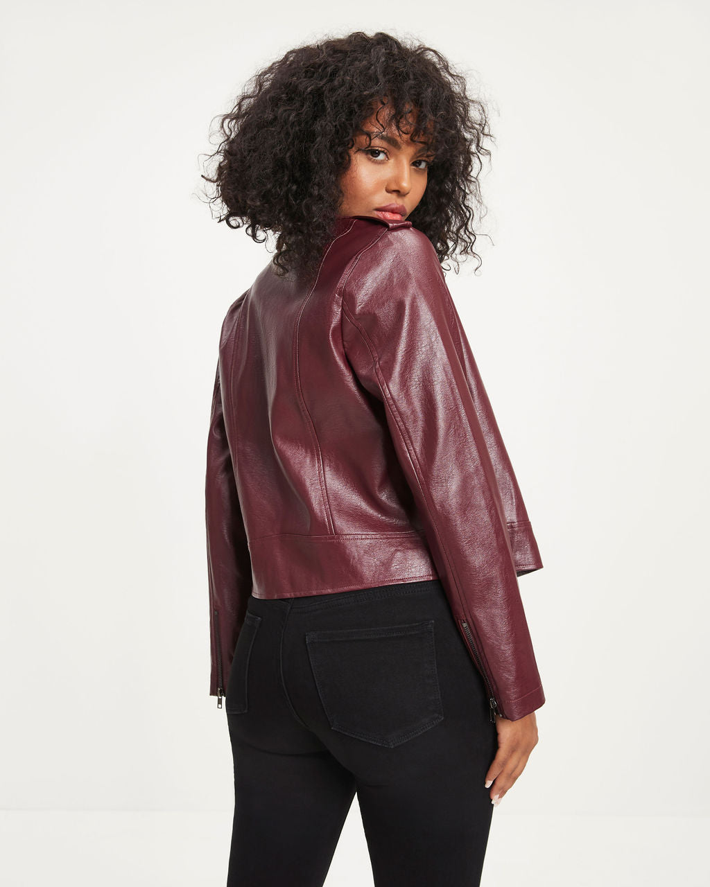 Jingle Bell Rock Pocketed Faux Leather Biker Jacket - Wine