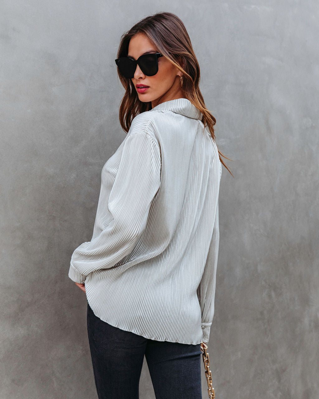 Center Piece Metallic Plisse Button Down Top - Silver