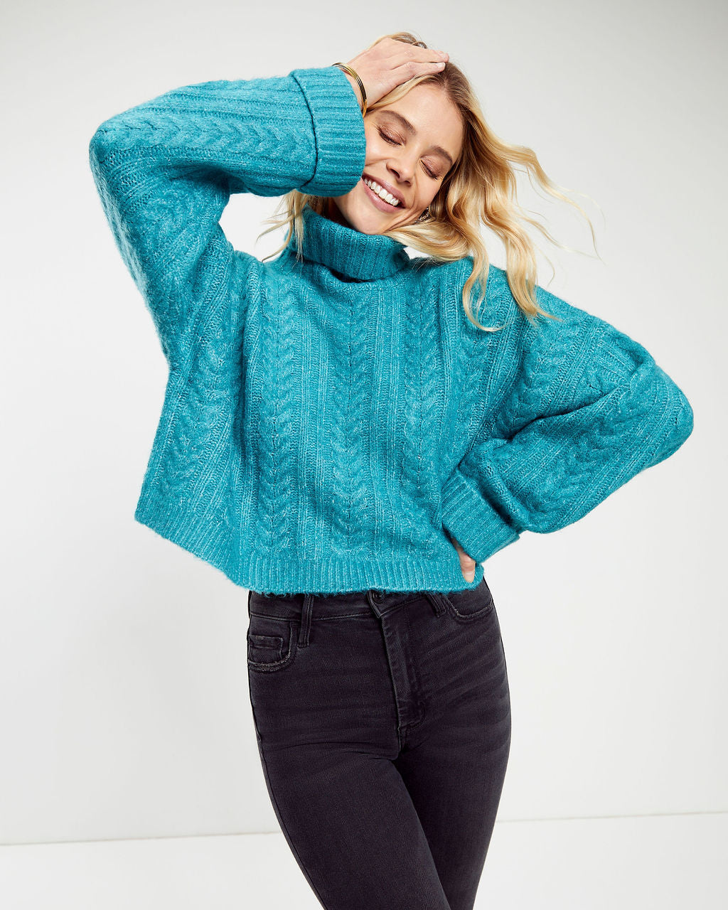 Georgie Cable Knit Turtleneck Pullover Sweater - Teal - SALE
