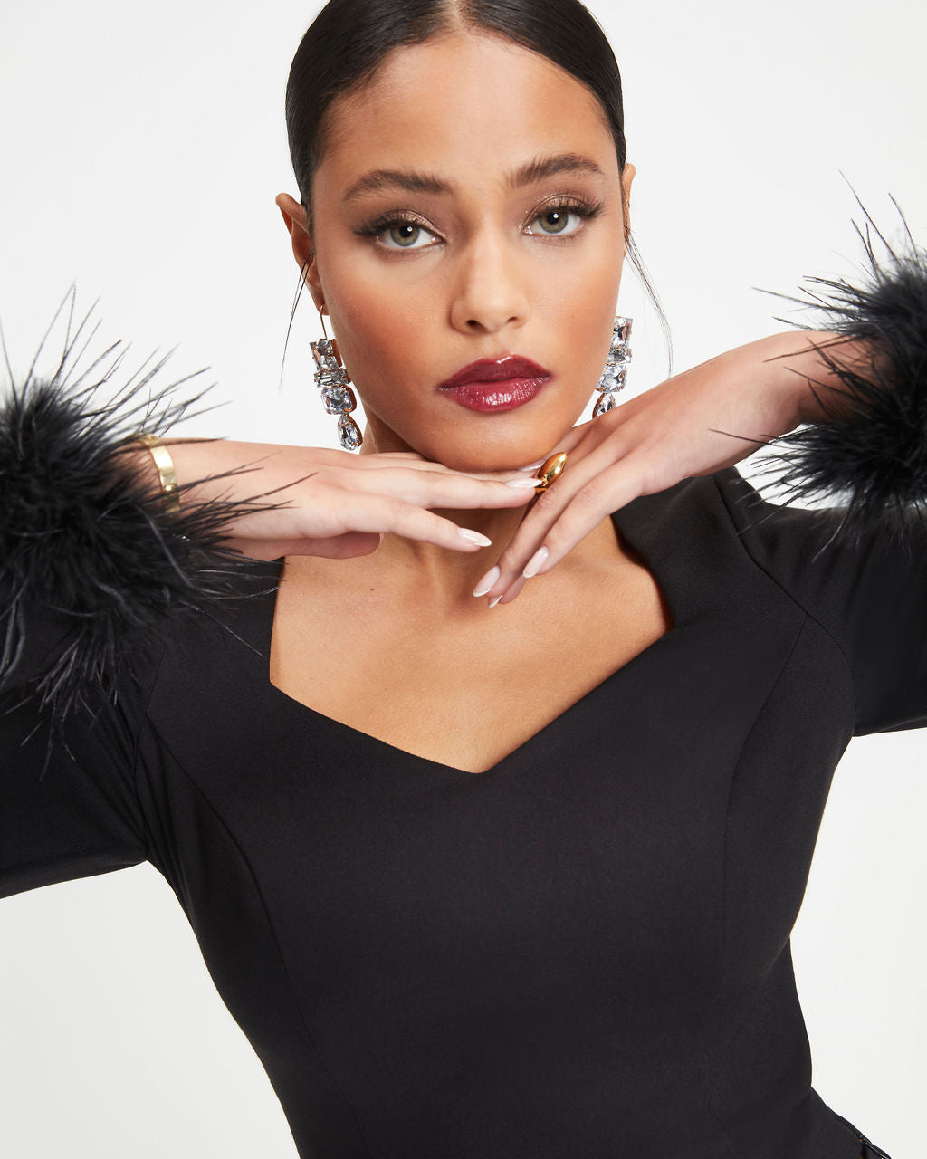 New Lover Feather Trim Long Sleeve Top - Black