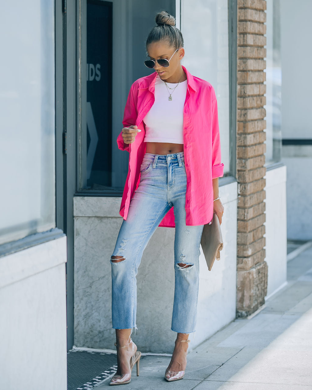 Leslie Button Up Cotton Top - Hot Pink - FINAL SALE