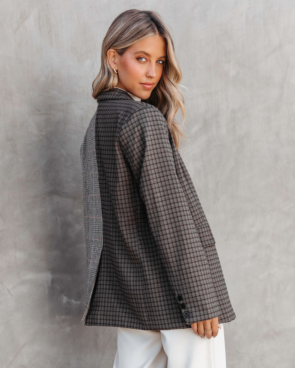 Gemini Mixed Plaid Pocketed Blazer - Brown