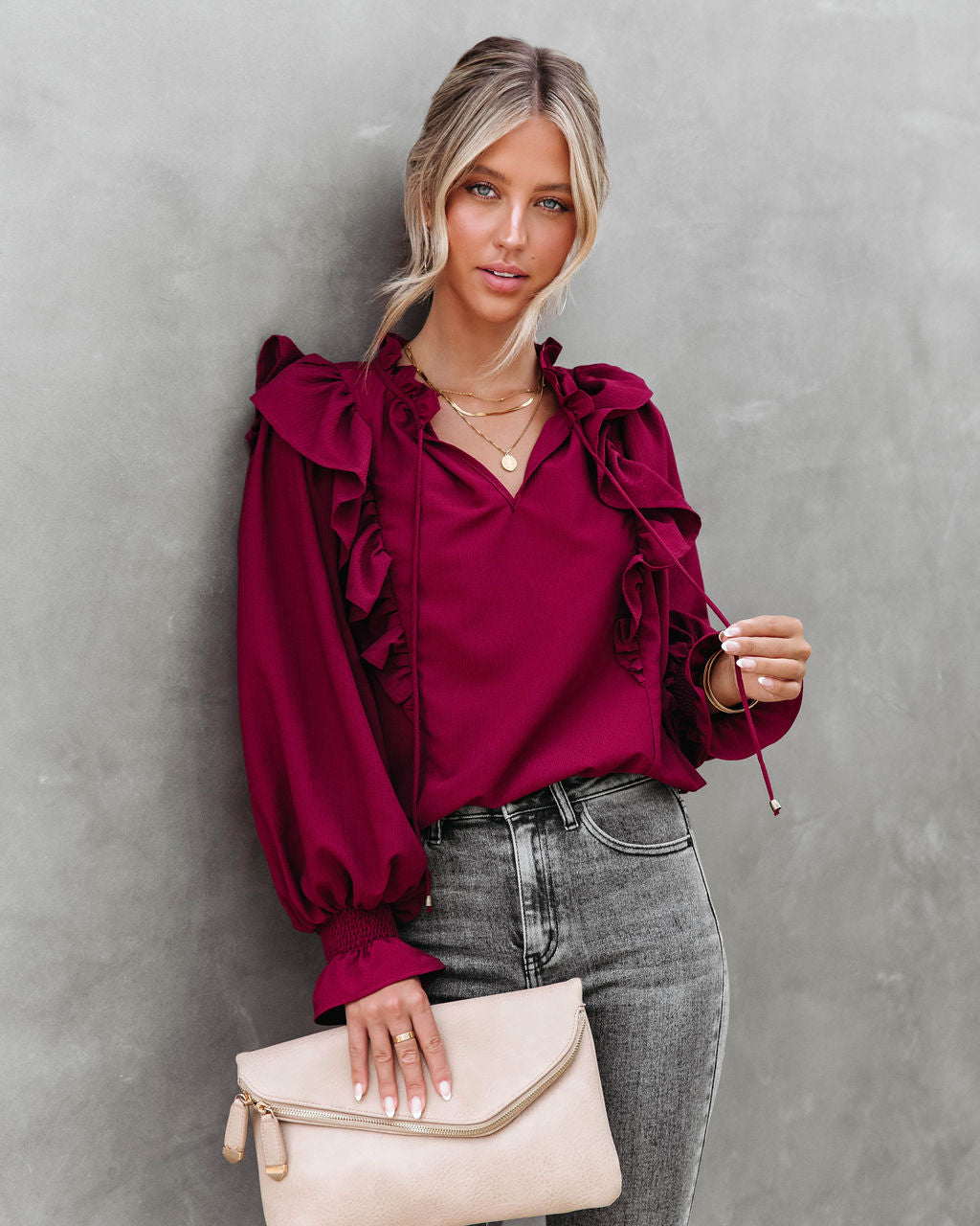 Marion Ruffle Long Sleeve Top - Burgundy