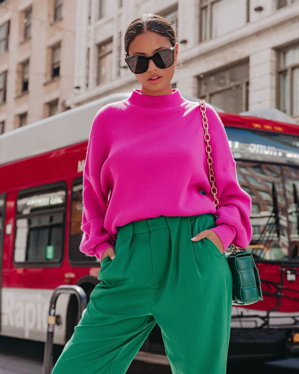 Russ Mock Neck Ribbed Sweater - Fuchsia
