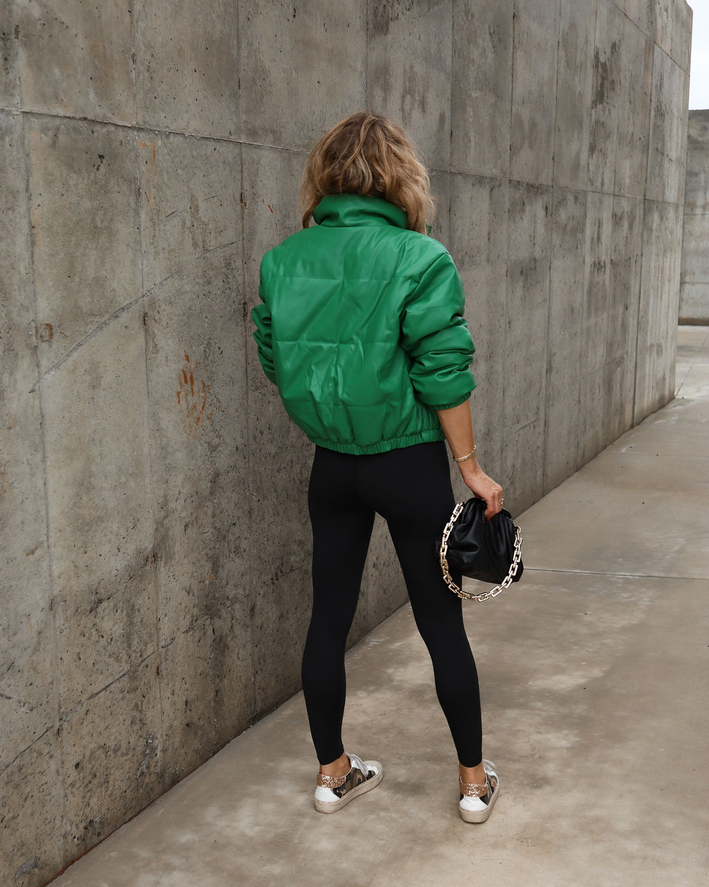 Apres Chic Pocketed Faux Leather Puff Jacket - Kelly Green