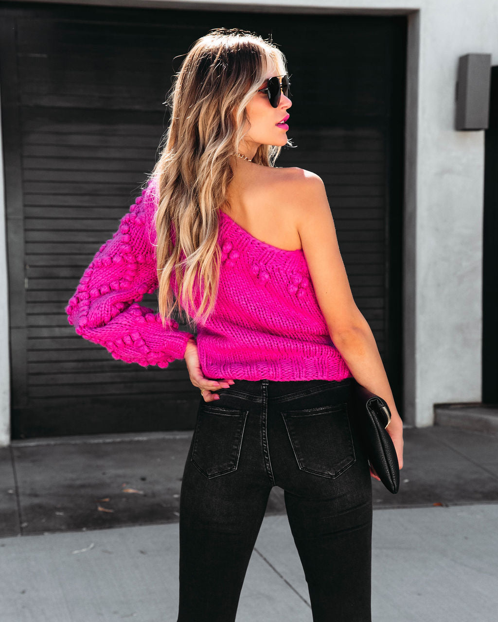 Juniper One Shoulder Knit Pom Sweater - Pink - SALE