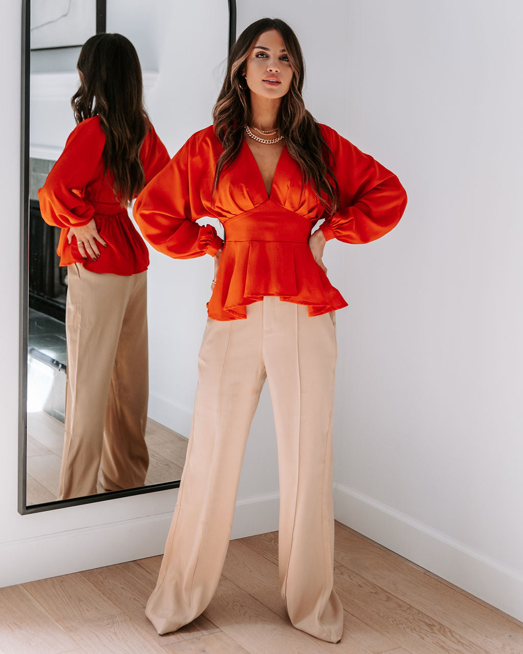 Gianna Plunge Neck Long Sleeve Top - Rust
