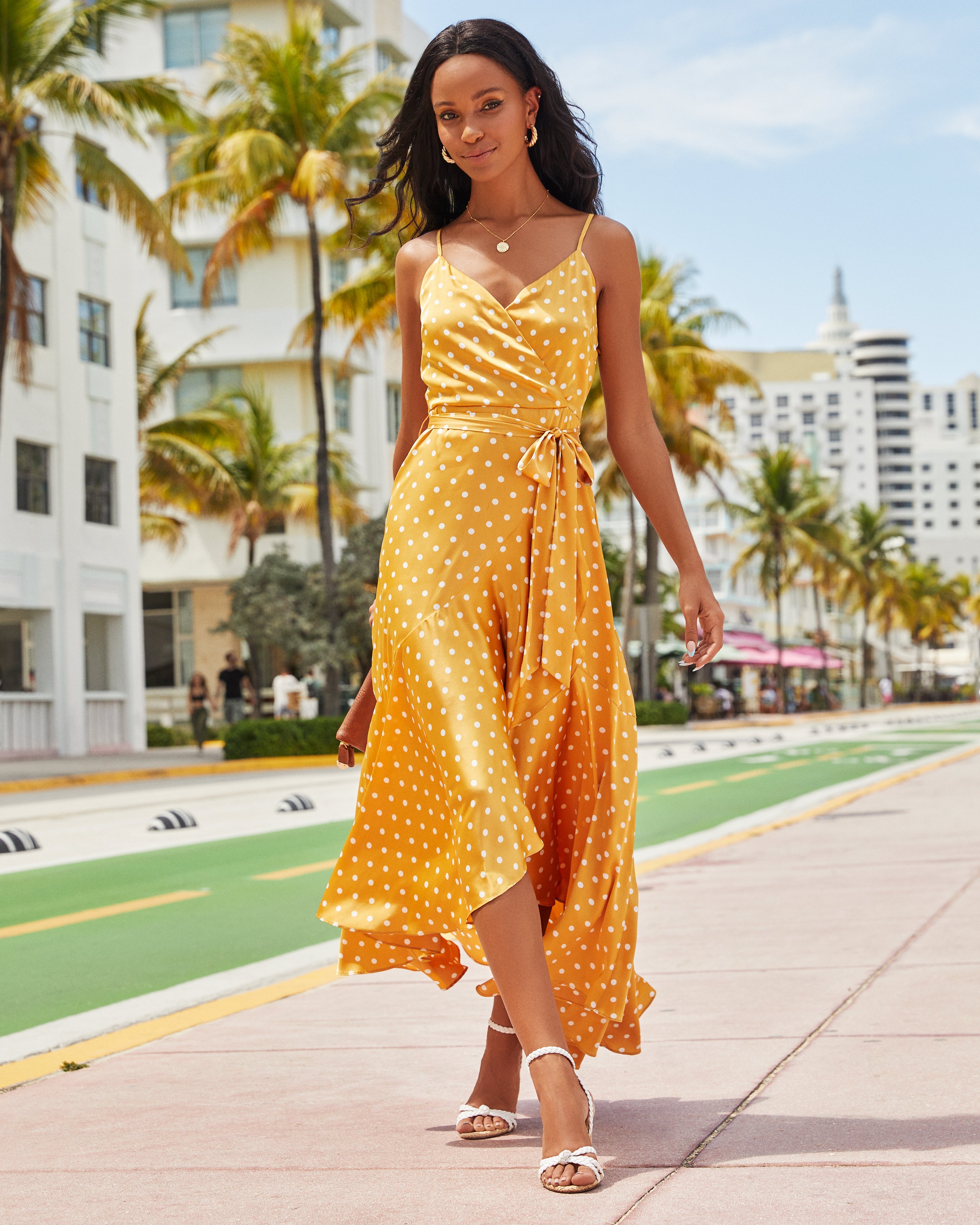 Claribella Satin Polka Dot High Low Maxi Dress - Mustard - FINAL SALE