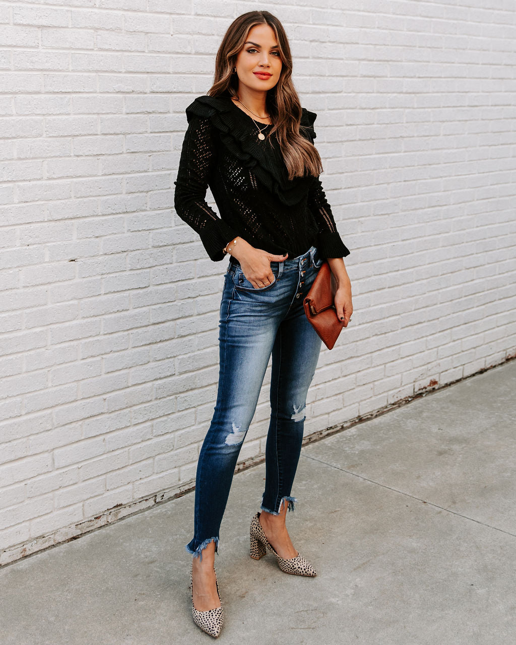 Janessa Ruffle Pointelle Knit Sweater - SALE