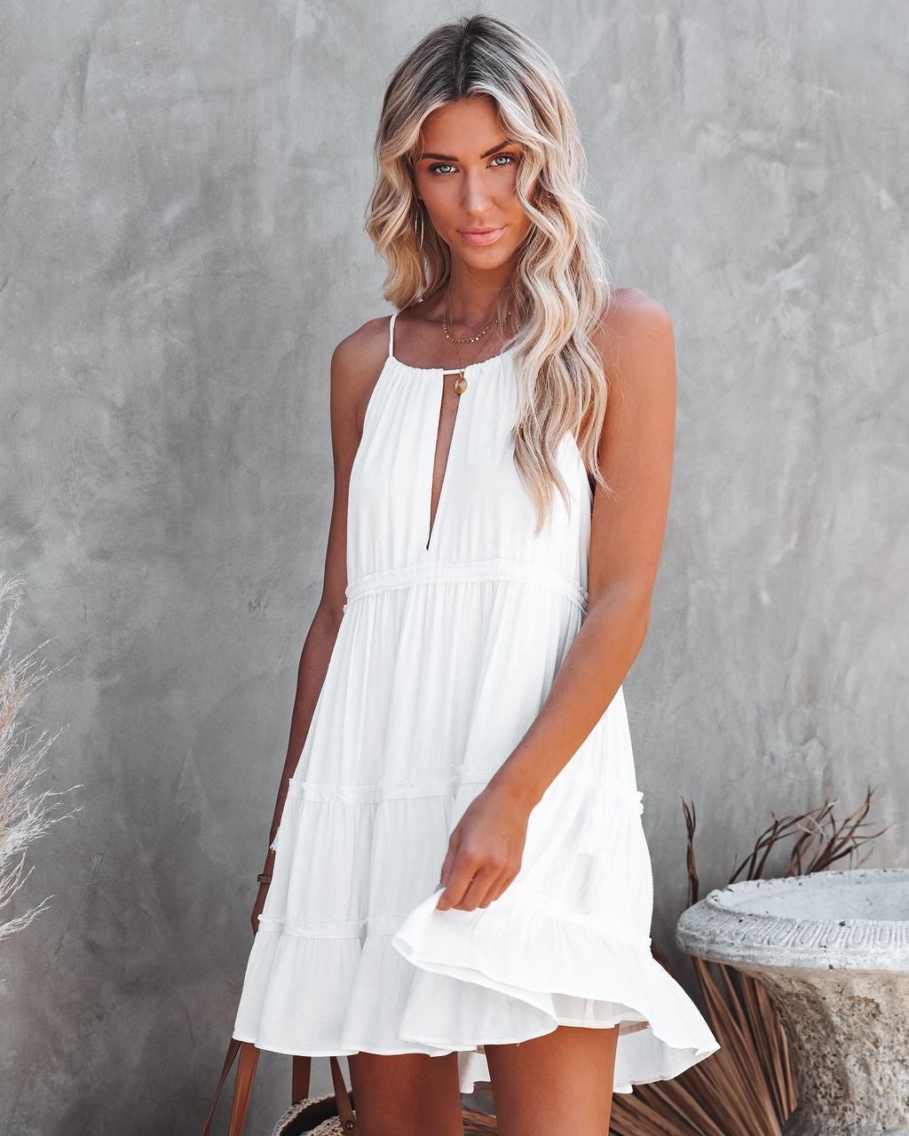 Pickett Tiered Drawstring Babydoll Dress - White - FINAL SALE