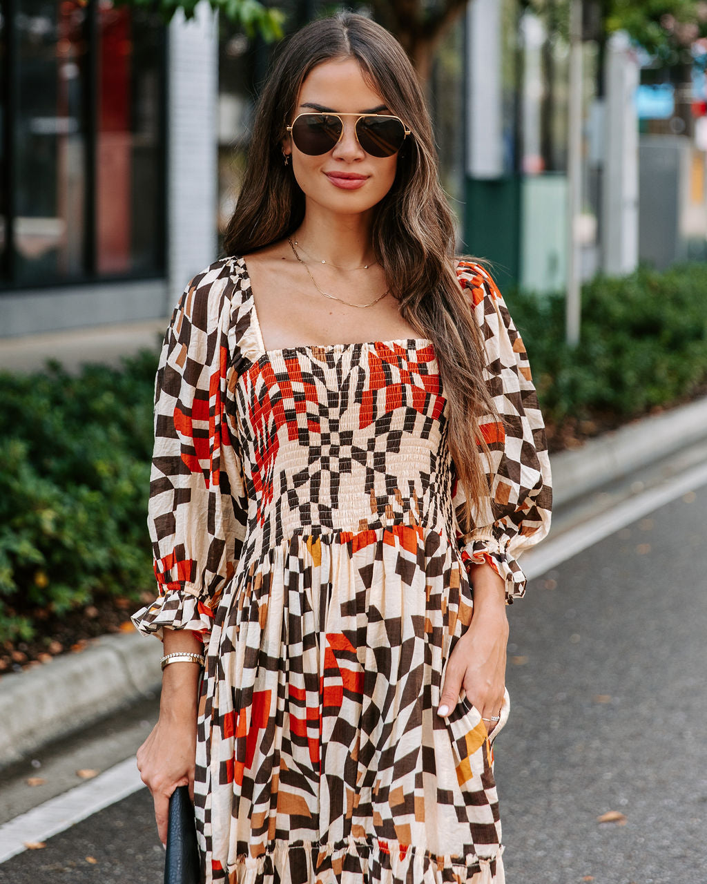 Faye Printed Pocketed Smocked Midi Dress