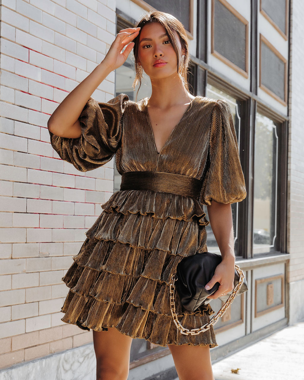 All Is Bright Metallic Tiered Mini Dress - Gold