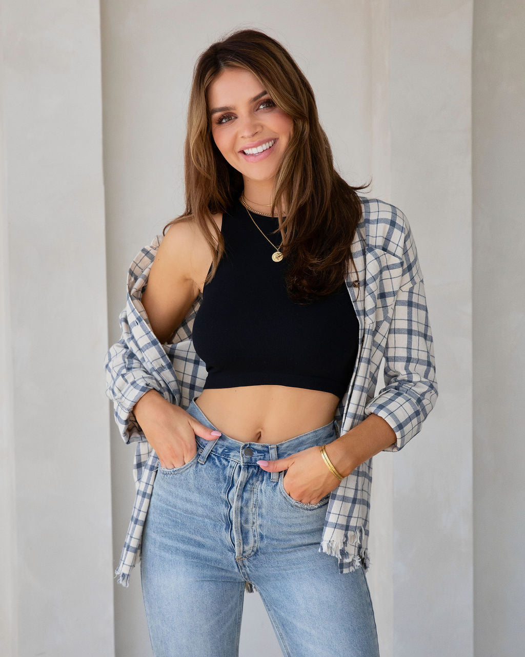 Farmers Market Lightweight Plaid Top - Off White - SALE