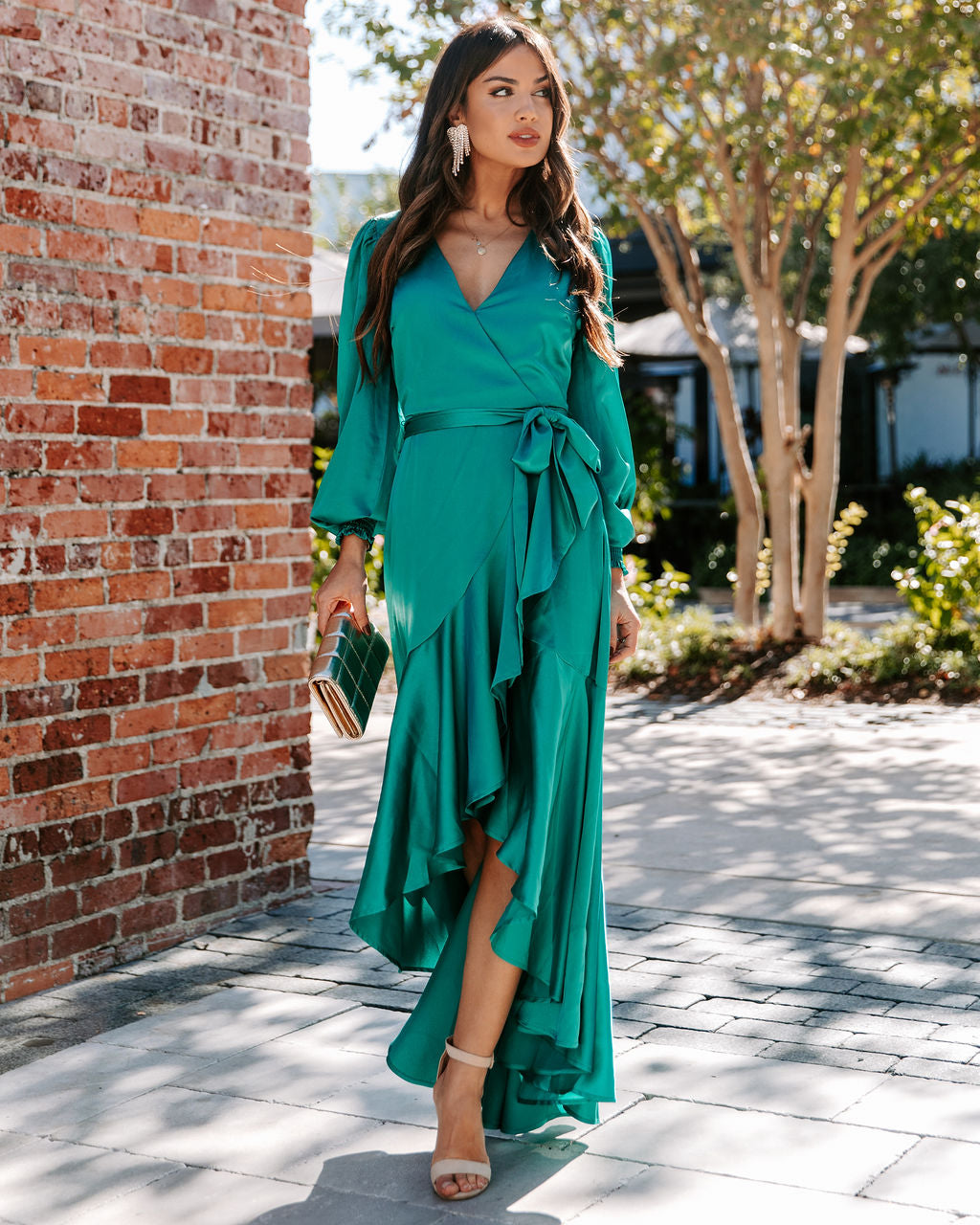 Irresistible Desire Satin Ruffle Maxi Dress - Emerald