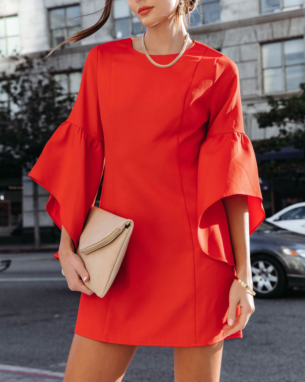 After Work Social Ruffle Sleeve Mini Dress - Red